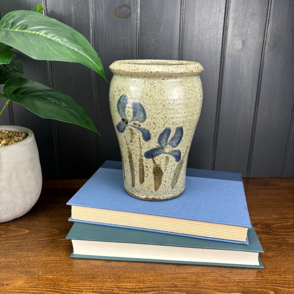 Studio Pottery Vase with Hand-Painted Blue Irises Stoneware Utensil Holder - Picture 3 of 16